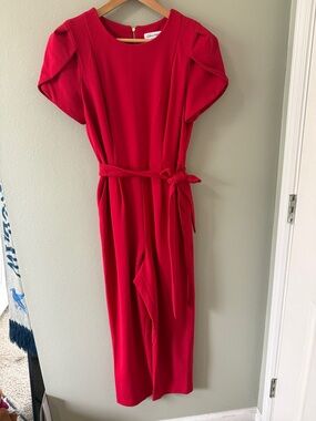 Calvin Klein Red Short Sleeve Belted Jumpsuit